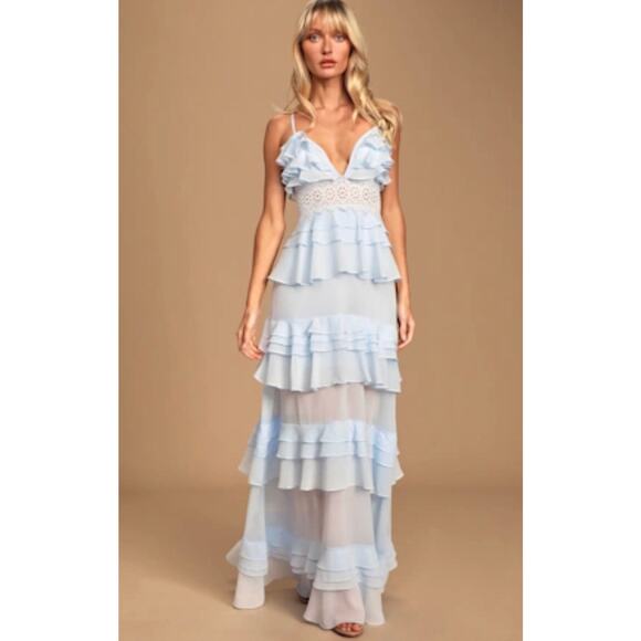 Glamorous Collection Lulus Frill Of A Lifetime Blue Tiered Maxi Dress Medium - Picture 1 of 11
